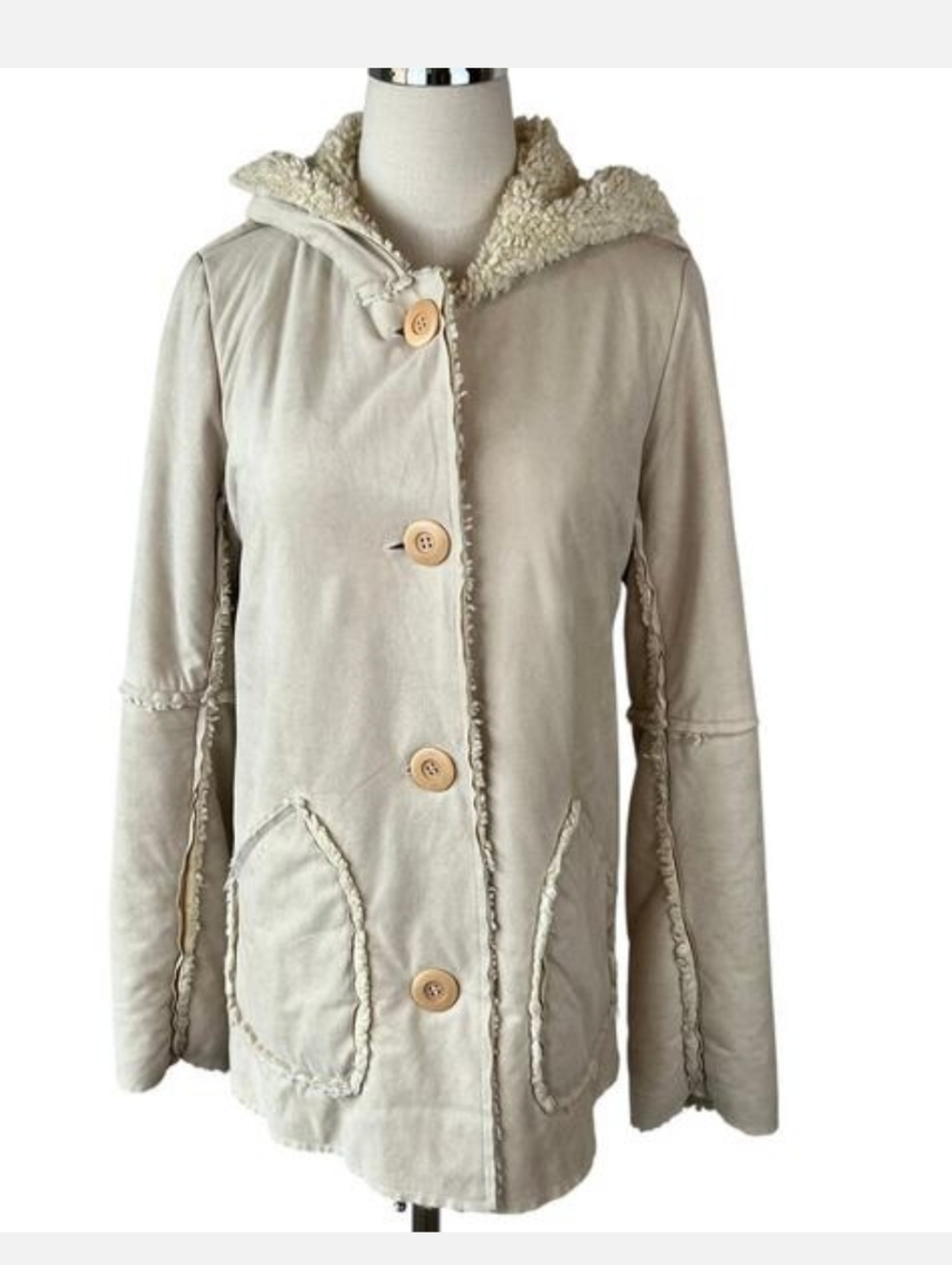 Velvet Cream Suede Faux Fur Sherpa Lined Button-Front Hooded Jacket
